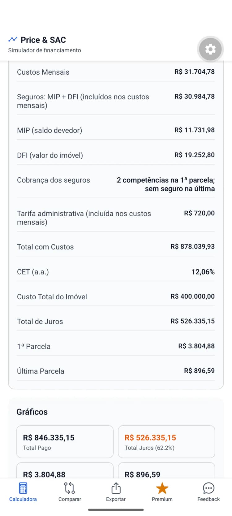 Resumo do app com juros, total pago e primeira parcela.