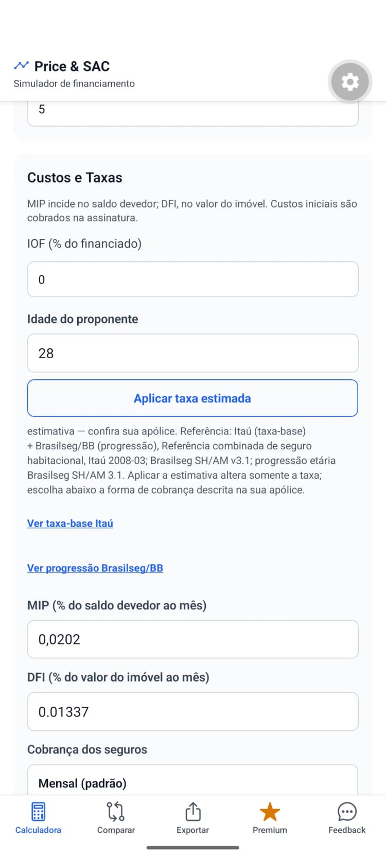 Resumo de custos do app com MIP, DFI e tarifa administrativa.