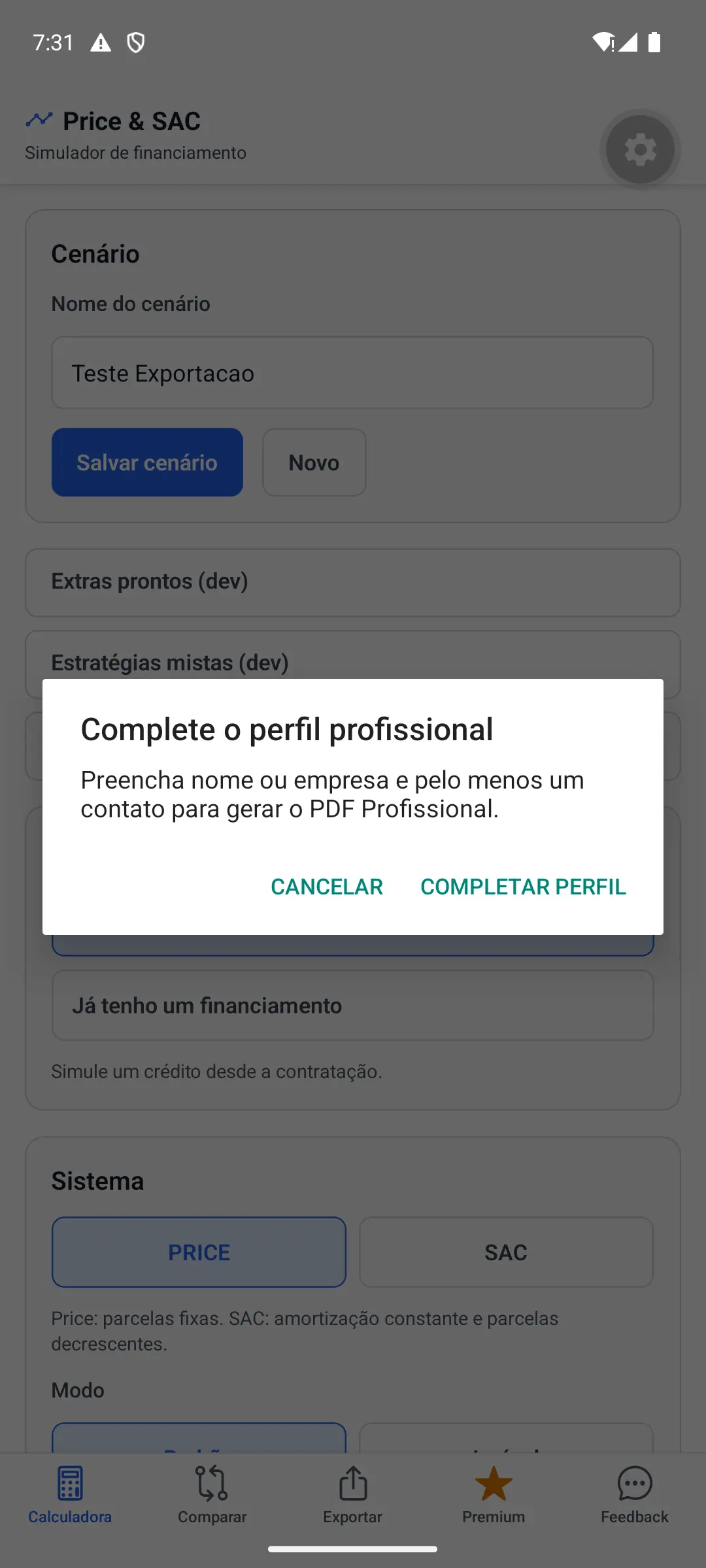 Aviso do app para completar o perfil antes de gerar o PDF Profissional.