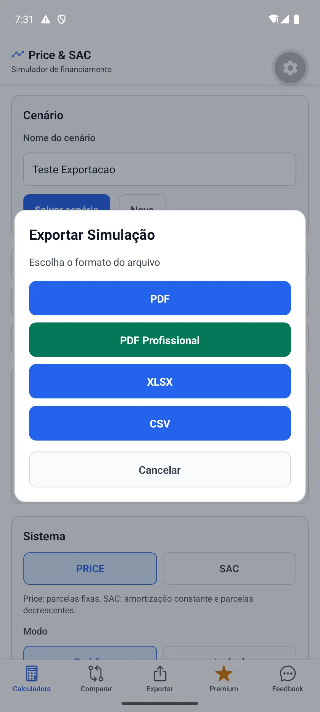 Menu do app com opções PDF, PDF Profissional, XLSX e CSV.