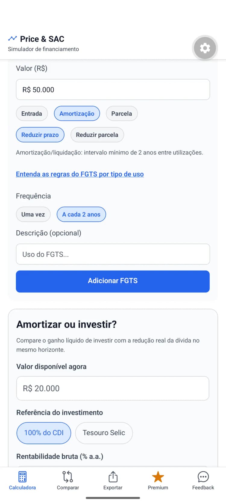 Formulário do app com uso do FGTS para amortizar o saldo.