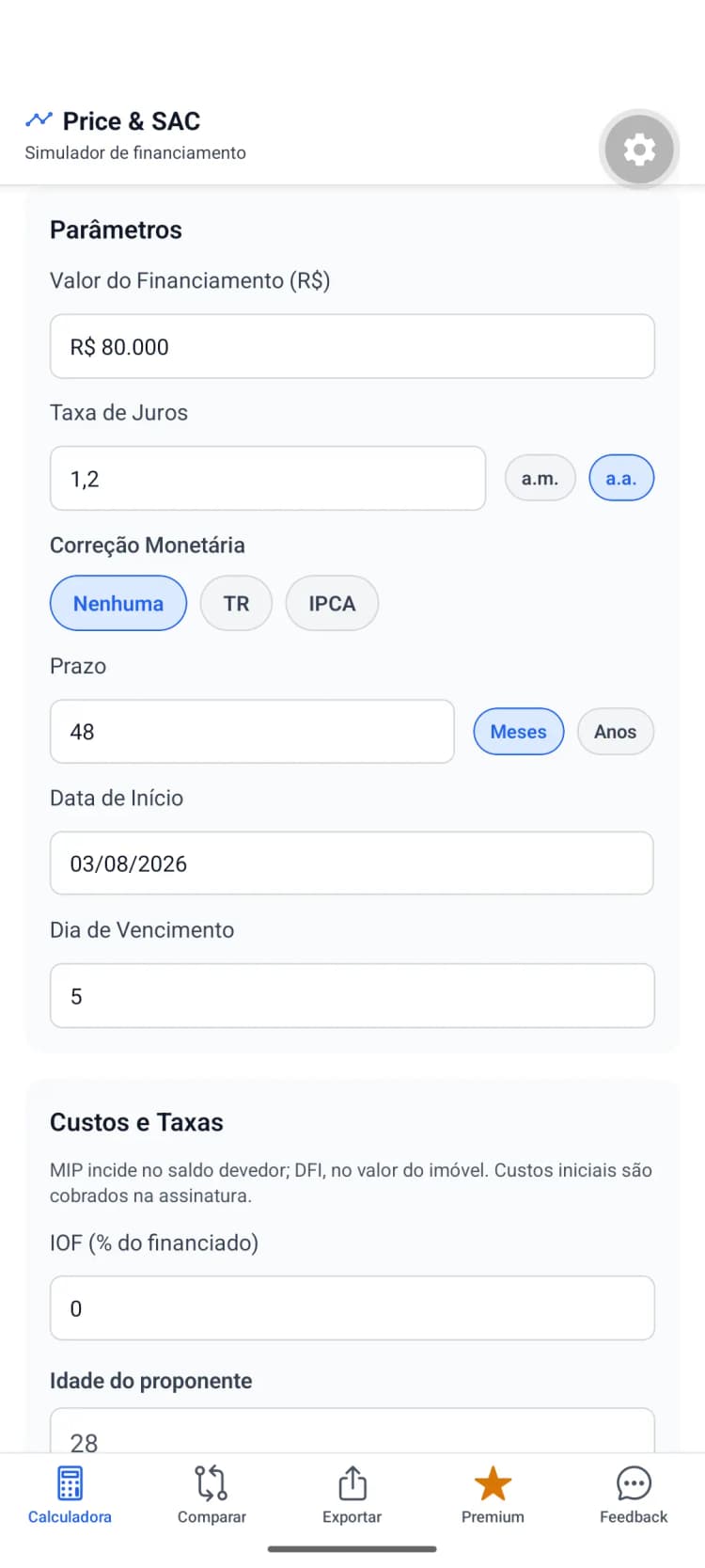 Parâmetros Price de R$ 80 mil e 48 meses no modo padrão do app.