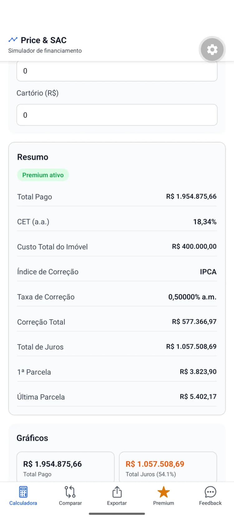 Resumo do app com IPCA, taxa e correção monetária total.