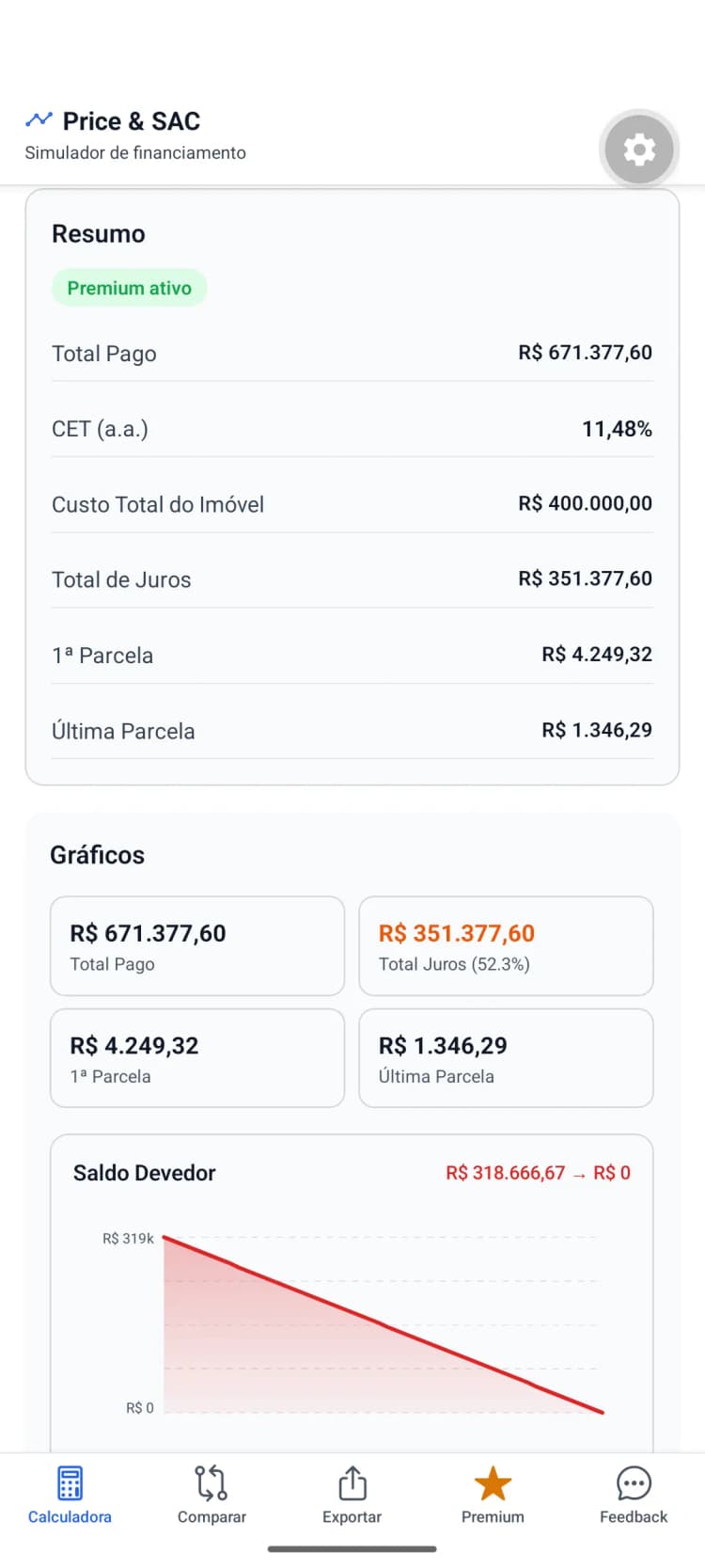 Resumo do mesmo financiamento em 240 meses para comparar o prazo.