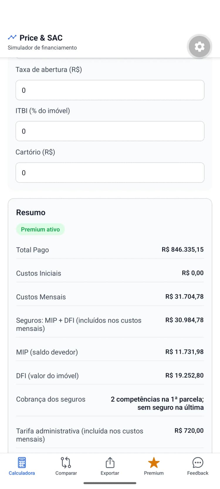 Resumo do app com seguros MIP e DFI separados e forma de cobrança.