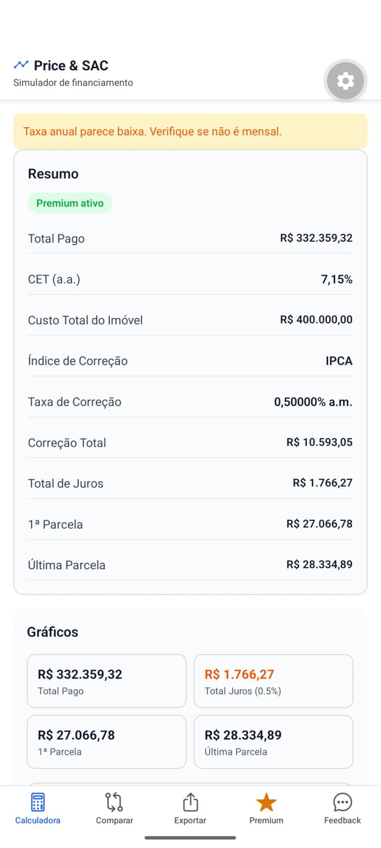 Resumo do app com IPCA, taxa e correção total acumulada.