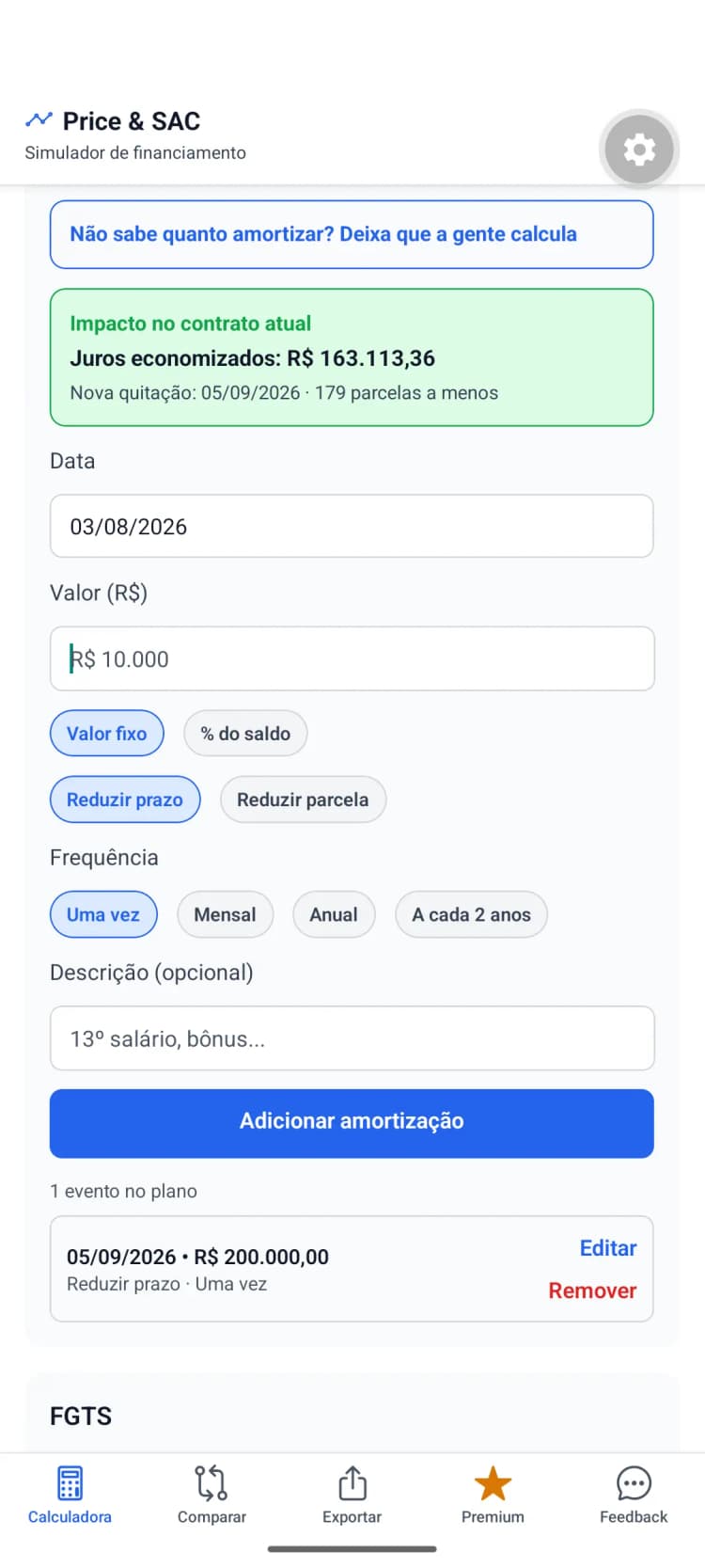 Impacto da quitação no contrato atual, com juros economizados e nova data final.