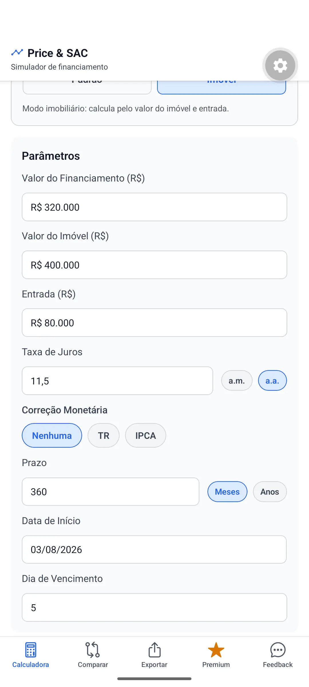 Entradas do exemplo de imóvel com valor, prazo e taxa no app.