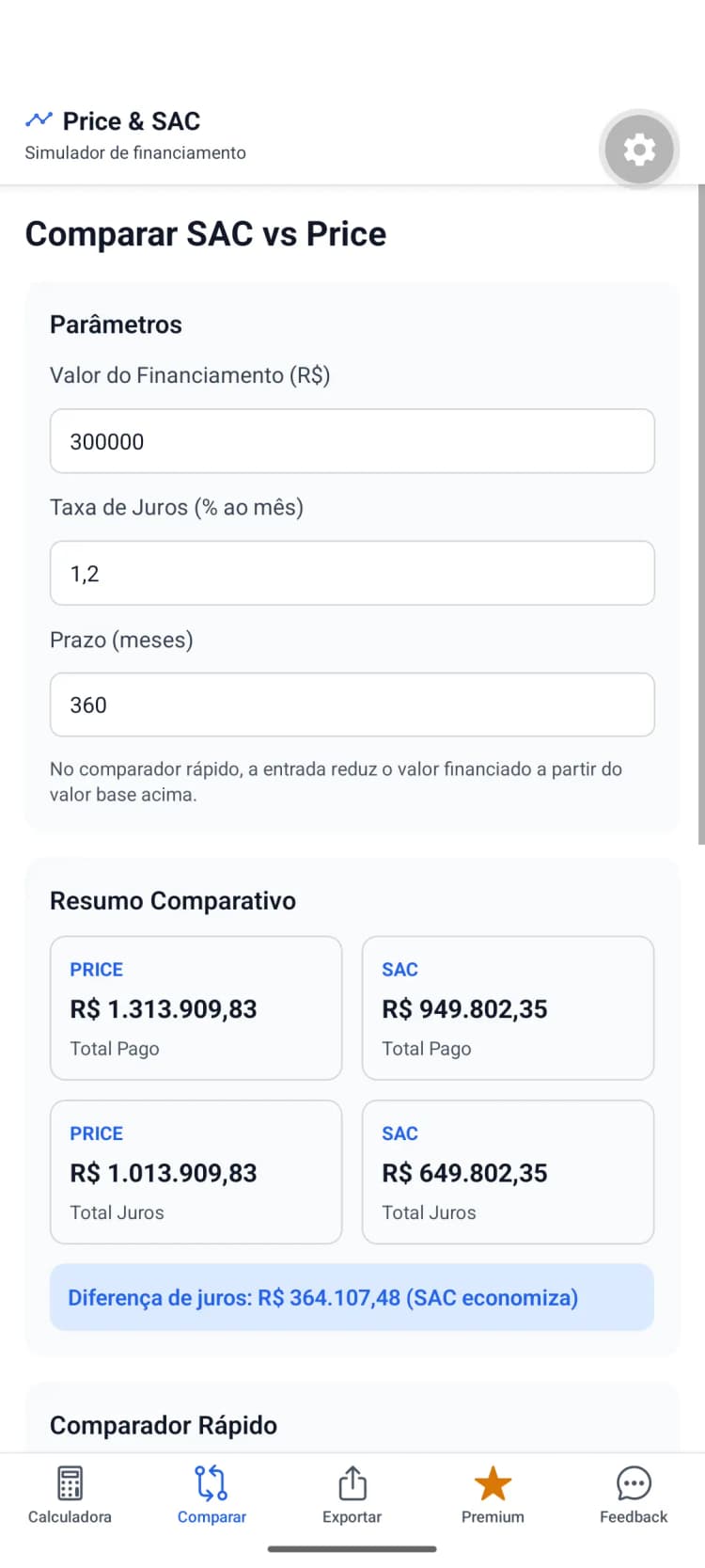 Comparador do app com parâmetros e resumo de SAC e Price.